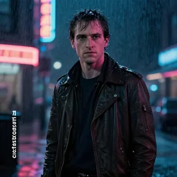 Aaron Swartz in film still from Blade Runner 2049, beautiful lighting, raining, neon lights, cinematic depth, ultra-sharp details, imax post production, criterion collection, 8k