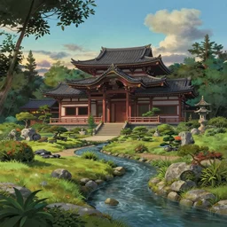 majestic temple garden near a stream by the countryside, evening, highly detailed, low angle view, studio ghibli, artstation