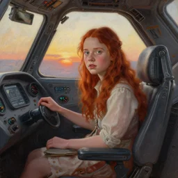 a well - lit, realistic oil painting of a girl resembling a young, shy, redheaded irish alicia vikander or millie bobby brown in a futuristic mechanical spaceship cockpit at sunset, highly detailed, intricate, concept art, artstation, by donato giancola, ron cobb, and artgerm