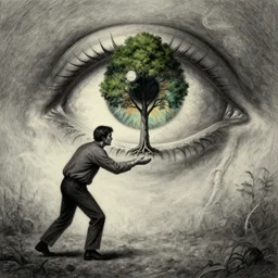 surrealistic drawing of a man collecting a tree that is growing out of a demon's eye