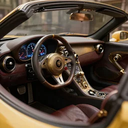 interior view of a luxurious steampunk sports car, left - hand drive, single steering wheel, designed by tyler edlin, trending on artstation, 8 k, photorealistic, hyper detailed, unreal engine 5, imax quality, cinematic, epic lighting