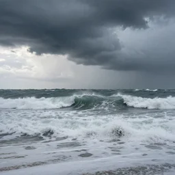 Ocean waves hitting the coastline, storm weather, realistic, brutal, breathtaking, heavy rain