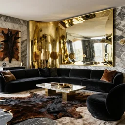 mid century modern american life style living room crazy devil interior by kelly wearstler, marble, black velvet, brass, mirror, glare, reflexes, animal skins, art, luxury, hyper realism, ultra detailed