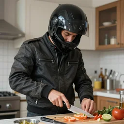 man wearing a closed black motorcycle helmet over face, wearing a motorcycle jacket, cutting food with a knife, in a kitchen, painting by mark keathley