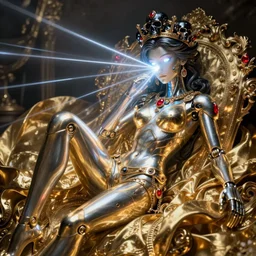 full - body baroque and cyberpunk style neon statue of a young attractive ( slender muscular spanish bem dotado ) e rico android ( ( sim roupa ) ) reclining ( con pernas aberta e piroca dura ) leite, glowing ( ( ( white laser ) ) ) eyes, prince crown of black skulls, ruby, swirling gold - colored silk fabric. futuristic elements.