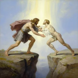an amazing realistic painting of cain pushing abel from the edge of a cliff with a divine light in the sky, majestic mountains in the background, very detailed, painting by jean - francois millet, beautiful art, smooth, elegant, intricate, vibrant, colorful
