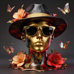 a head made out of melting metal, it is of black and golden and red color, it is wearing sunglasses and a hat, there are flowers and glass butterflies all around it, vogue cover style, greg rutkowski style