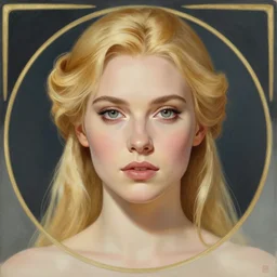 masterpiece head-on symmetrical centered painted portrait, Imogen Poots as Elden Ring paladin, blonde hair, elegant, in the style of ROSSDRAWS and Ross Tran and Alphonse Mucha and Ayami Kojima and Charlie Bowater and Jean Delville, Pixar, Maya engine, splash comics, Mucha tarot card style, Art Nouveau style, rich bright colours