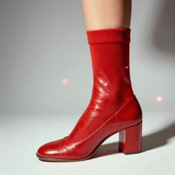 vintage analog product photography of a female foot wearing leather socks, 70s design, bright red, studio lighting, film grain, lensflare, color bleed, glare