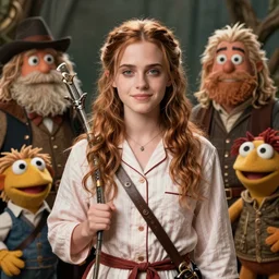 detailed ultrarealistic photography front medium shot of dnd fantasy ethnic rustic emma watson girl dragonslayer muppets show pajama leyendecker, norman rockwell, greg rutkowski, jim henson artstation cinematic, vray game of thrones, lord of the rings
