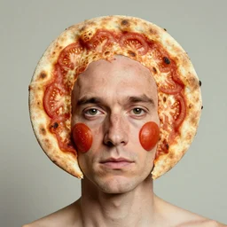portrait of man with facial deformity making the head a flat and circular disc, looking like a pizza, uneven skin with baked crust appearance, large freckles like burnt spots, cheeks look like tomato slices, muted colors, soft lighting, sharp focus, neutral background, masterpiece, photo by jimmy nelson, cindy sherman