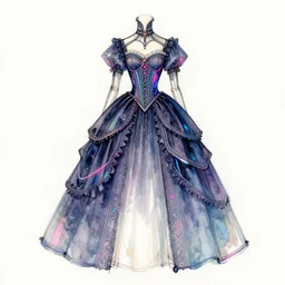 dress design with a high arching back behind head, victorian style, modern cyberpunk, neon, watercolor sketch