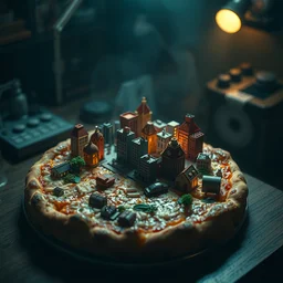 a model of a tiny city on top of a pizza, cinematic, dramatic lighting, artstation