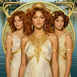 Zendaya as the three graces, a beautiful art nouveau portrait by Gil Elvgren and Gerald Brom and Alberto Vargas and Bill Henson, Nile river water garden environment, centered composition, defined features, golden ratio, golden jewelry