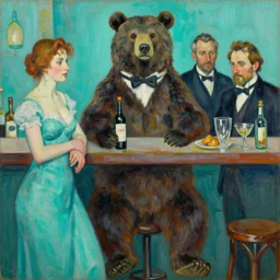 high quality high detail painting by lucian freud, jenny savile, ilya repin and john singer sargent, bartender bear, turquoise, hd