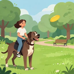 girl riding a giant great Dane at the park catching a frisbee, trending on artstation