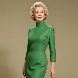 A 50-year-old blond woman in a green textured dress with a high collar. 1960\'s. she\'s striking, graceful, and elegant.