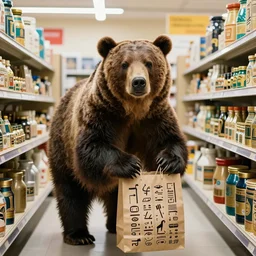 a grizzly bear shopping in a hardware store as egyptian hieroglyphs