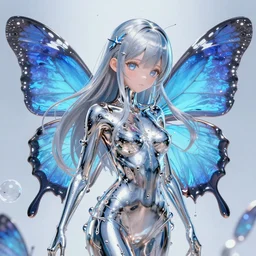 ultra detailed illustration of a butterfly anime girl covered in liquid chrome, lost in a dreamy fairy multiverse,  by Karol Bak, Johfra Bosschart, Moebius, dan mumford, Druillet colorful, front view, vivid colors, 8k, coherent, artgerm, anime vibes, octane render, uplifting, magical composition, artstation