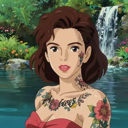 tattooed pinup amy adams face in front of a lake with gardens and waterfall vibrant highlights sharp no contrast trending pixiv fanbox by alex ross by victo ngai james gurney makoto shinkai takashi takeuchi studio ghibli