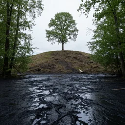 forest flooded with black sludge, solitary tree on large hill kept safe. ultra realistic