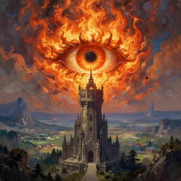 a great eye, wreathed in flame atop an ancient tower, looking out across a vast fantasy landscape, by alan lee, digital art, smooth, detailed, oil painting