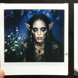 an instant photo of a handsome but sinister and creepy goblin in layers of fear, with haunted eyes, violence in her eyes, 1 9 7 0 s, seventies, delicate embellishments, a little blood, woodland, blue dawn light shining on wildflowers, painterly, offset printing technique, by walter popp, alexandre cabanel