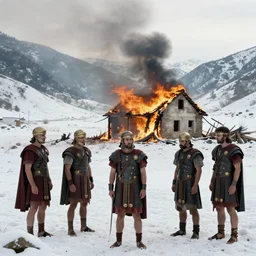 5 roman soldiers looking regretful after burning down a small house in a snow filled valley, sharp, beautiful composition and lighting