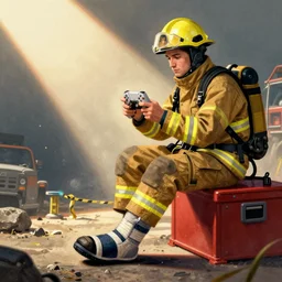 detailed illustration of a fireman is playing Playstation, his foot is in a cast