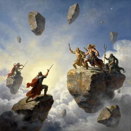 in the sky flying rocks valhalla norse gods fighting on floating rocks in the sky epic battle clouds illustration sharp focus sunlit vista starlight painted ruan jia raymond swanland lawrence alma tadema zdzislaw beksinski norman rockwell tom lovell alex malveda greg staples