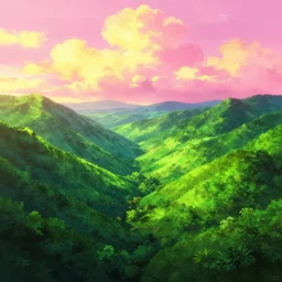 lush green valley pink anime sky clouds backlit by yellow, , high contrast, vibrant colors, vivid colors, high saturation, fantasy, artwork, aesthetic, calming, very beautiful scenery, hd, hdr, ue5, ue6, unreal engine 5, cinematic, 4k wallpaper, 8k ultra, by Greg Rutkowski and Jesper Ejsing and Raymond Swanland and alena aenami, featured on artstation, wide angle