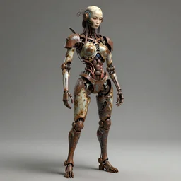 Techno-biological rusty robot geisha consisting of veins, bones, kidneys, wires. Biopunk, body armor, high detail, photorealism, full length view, concept art, Dan Mumford, Quixel Megascans, octane render, 16k, 8k