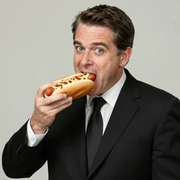 senator armstrong from metal gear rising in black formal suit suit eating a hot dog