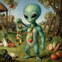 An alien with teal hair holding a tie made out of vegetables in a playground, Renaissance painting