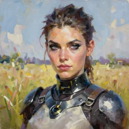oil painting of tracer overwatch in a field, in style of mark arian, expressive face, very detailed face, wearing black steel choker, very detailed eyes, full body, feminine face, detailed makeup on eyes,