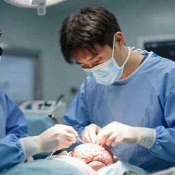 a young man going through brain surgery in an operation room hyperrealism perfect detail