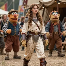 detailed ultrarealistic photography medium shot of dnd fantasy festival rustic robust young queen warrior in muppet show pajama chainmail, leather boots, leyendecker, norman rockwell, greg rutkowski, jim henson artstation cinematic,