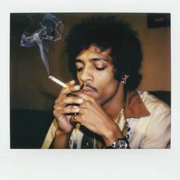 jimi hendrix smoking a cigarette, polaroid, candid