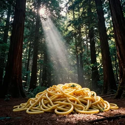 a giant spaghetti sculpture, hit by a ray of sunshine, in a redwood forest, canon 5 0 mm, cinematic lighting, photography, retro, film, kodachrome