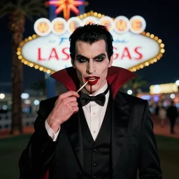 portrait of a vampire in Las Vegas at night, blood, 35mm f1.8, color, behance, trending on instagram