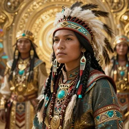 pfp portrait gunslingers cyberpunk native american fae in tribal regalia, an idea seep's into infinity highly detailed in volumetric latent space, golden turquoise, cinematic light, sharp focus, divine realm of gods, octane render,