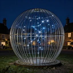 night time in an english village, spherical cage, constellation, spherical shiny sparkly metallic cage, by mucha