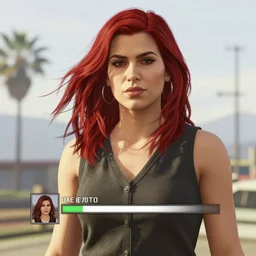 a stunning GTA V loading screen with a beautiful woman with red hair blowing in the wind in the city at sunset, outrun, vaporware, neon lights, palm trees, retro, beautiful sky with cumulus couds, digital art, trending on artstation