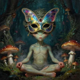 a neoclassicist close - up portrait of a big - eyed alien boy meditating wearing an iridescent venetian carnival butterfly mask surrounded by mushrooms in a jungle at night. reflective textures. glowing fog. highly detailed fantasy science fiction painting by moebius, norman rockwell, frank frazetta, and syd mead. rich colors, high contrast, gloomy atmosphere, dark background. artstation