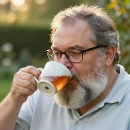 mr robert is drinking fresh tea in a garden from spiral mug, detailed face, wearing glasses, grey beard, golden hour, chubby hairs