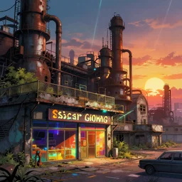 a beautiful hyperdetailed anime illustration of industrial architecture abandoned city store urbex by oscar niemeyer, laser sunset nature dramatic lighting synthwave thermal imaging hyperrealism, archdaily, wallpaper, highly detailed, trending on artstation.