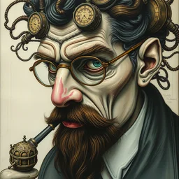 portrait mad scientist painted in jacek yerka style drawn by vania zouravliov and takato yamamoto, inspired by clockworkpunk, intricate acrylic gouache painting, high detail, sharp high detail, artstation