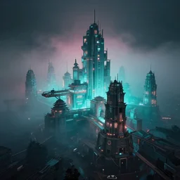 high - tech ancient city, volumetric light, foggy, moody, kodak photography, slow shutter speed, cyan and pink light