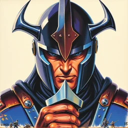 1 9 9 5 retro game poster. indigo knight. stylized intimidating helmet expression. character class. drew struzan. keith parkinson. oil on canvas.