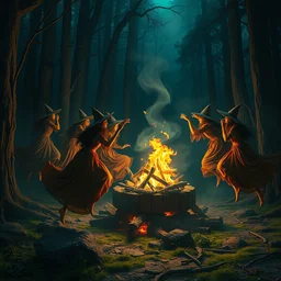 illustration studio portrait of witches dancing and floating around a big firepit in artistic poses at the forest in a witch's dark coven, monet painterly motives and textures pattern, hyper detailed, octane render, vivid colors, artstation, by jeremy mann, by alphonse mucha, by monet